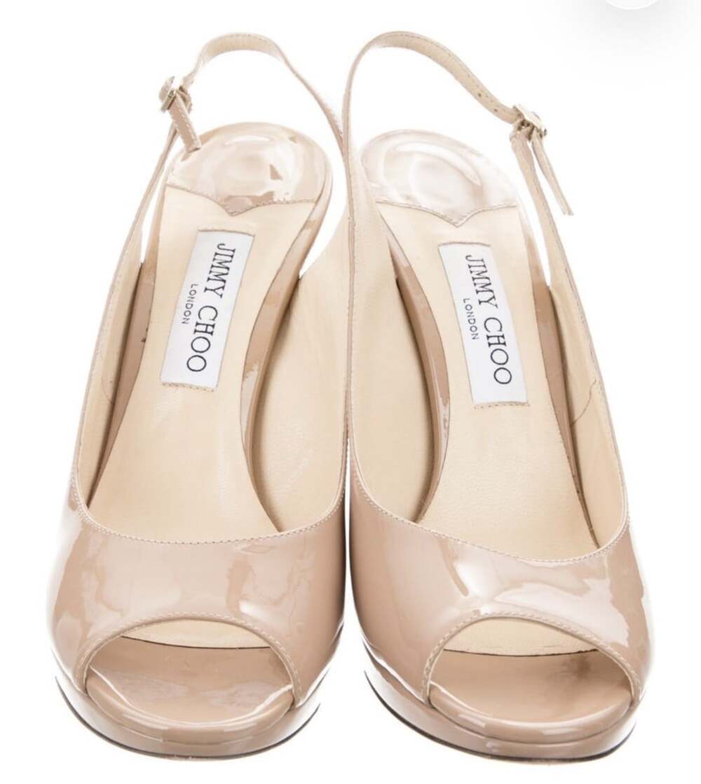 Jimmy Choo Nova 100 Nude Patent Leather Peep Toe Slingback Heels 41.5 Box
